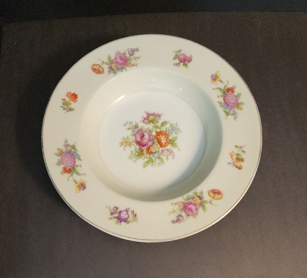 Rose China~ Floral Bouquet ~ 8"Rimmed Soup Bowl, Occupied Japan, Gold Trim-Qty 2